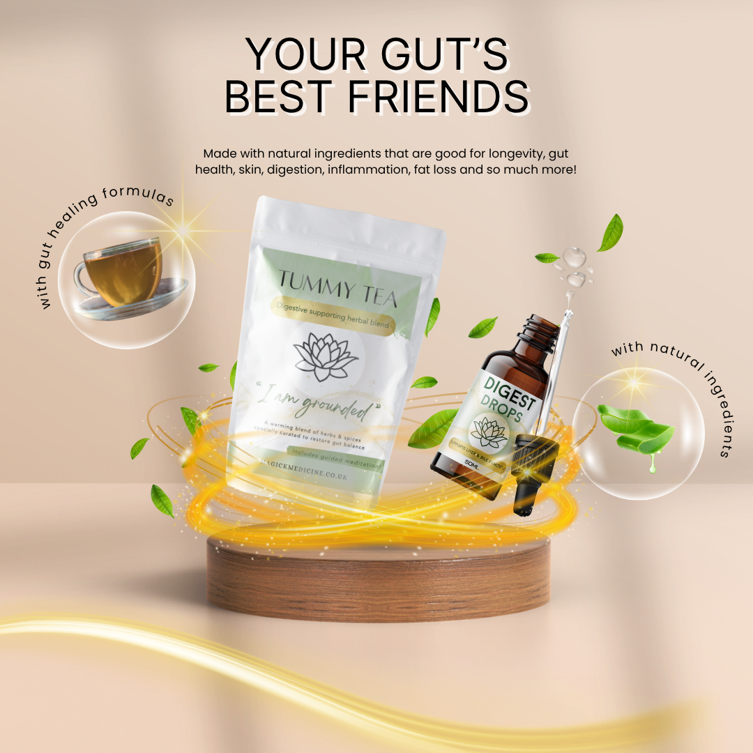 Tummy Tea package and Digest Drops bottle with text about gut health on a beige background