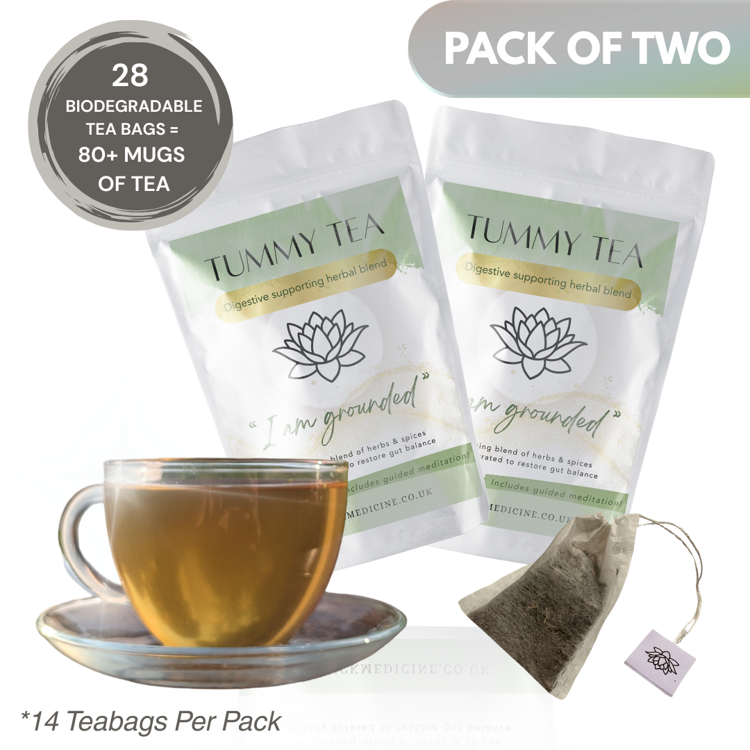 Two packages of Tummy Tea with a cup of tea and a teabag on a white background.