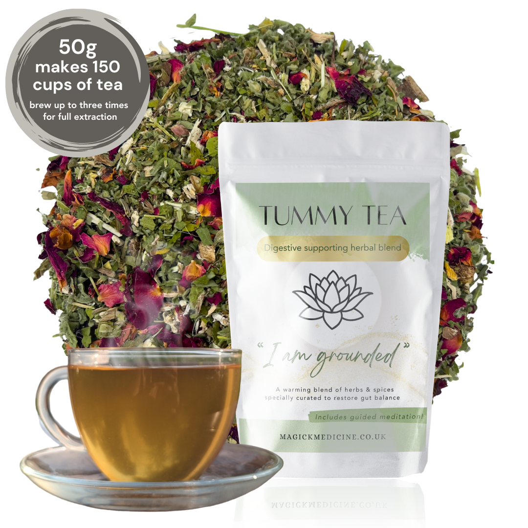 Tummy Tea packaging with a cup of tea and dried herbs on a white background