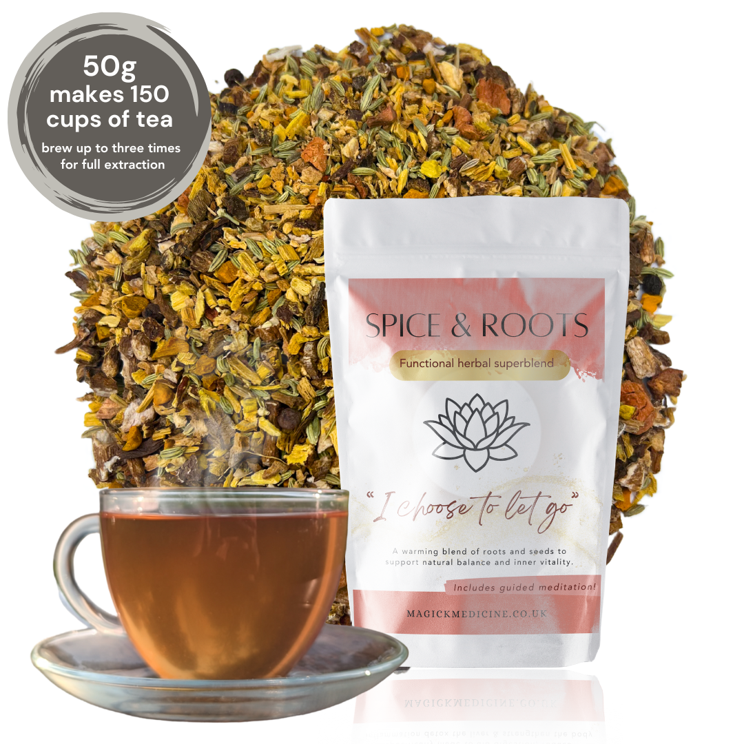 Tea packaging with a cup of tea and text about tea quantity and brand.