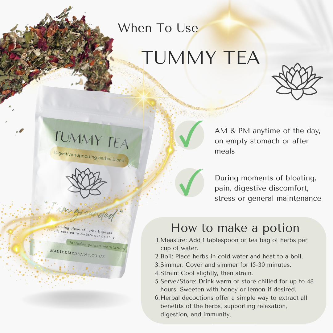 Tummy Tea packaging with usage instructions and benefits on a white background