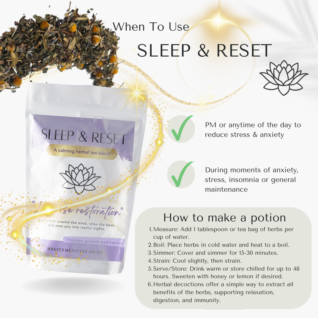 Sleep & Reset tea blend packaging with usage instructions and benefits on a white background