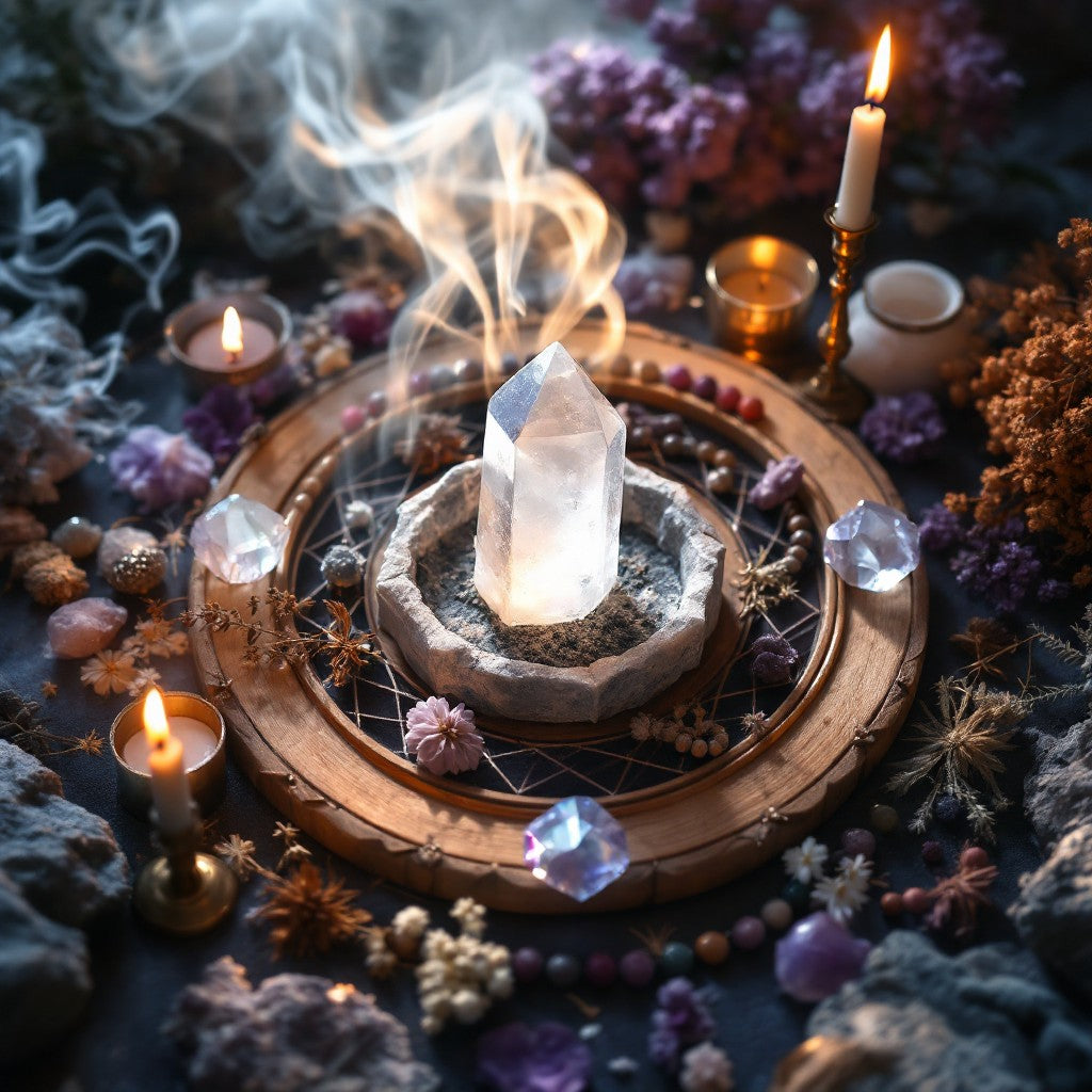 Crystal setup with candles and flowers on a dark surface