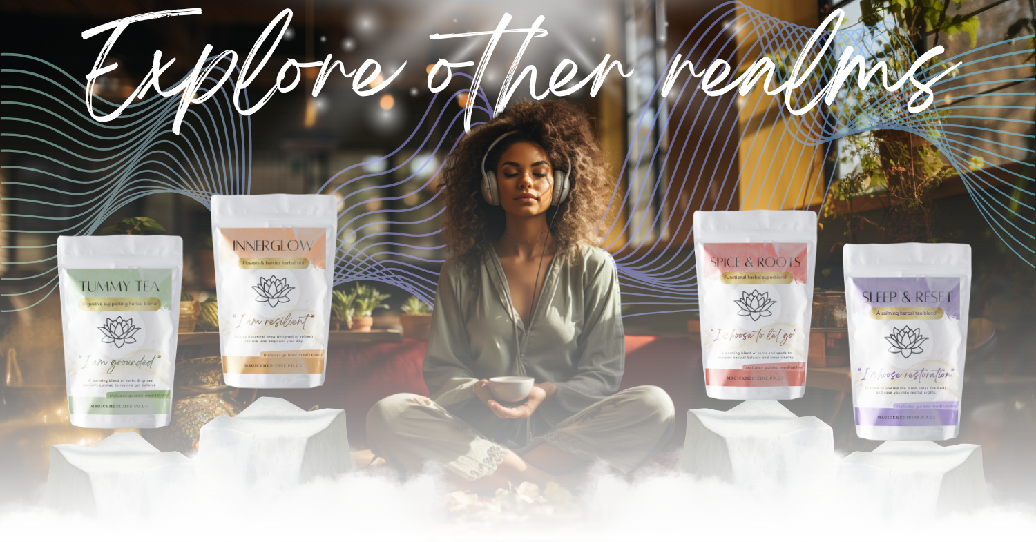 Woman sitting with headphones on, surrounded by branded tea packages with a blurred background.
