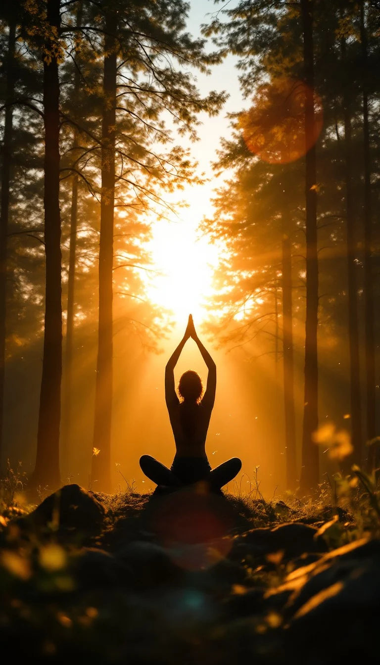 Person meditating in a forest with the sun shining through the trees