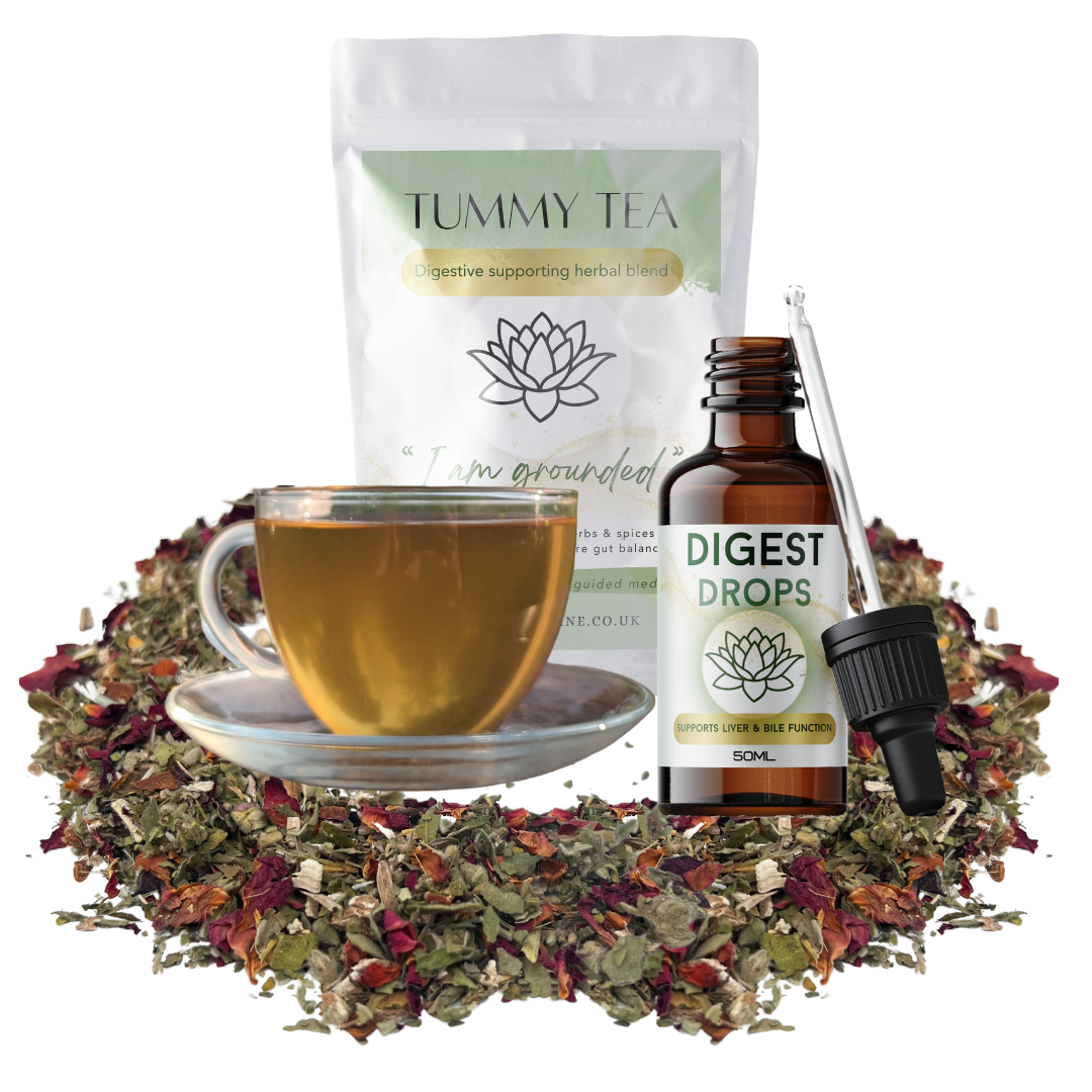 Tummy Tea package, cup of tea, and Digest Drops bottle on a white background