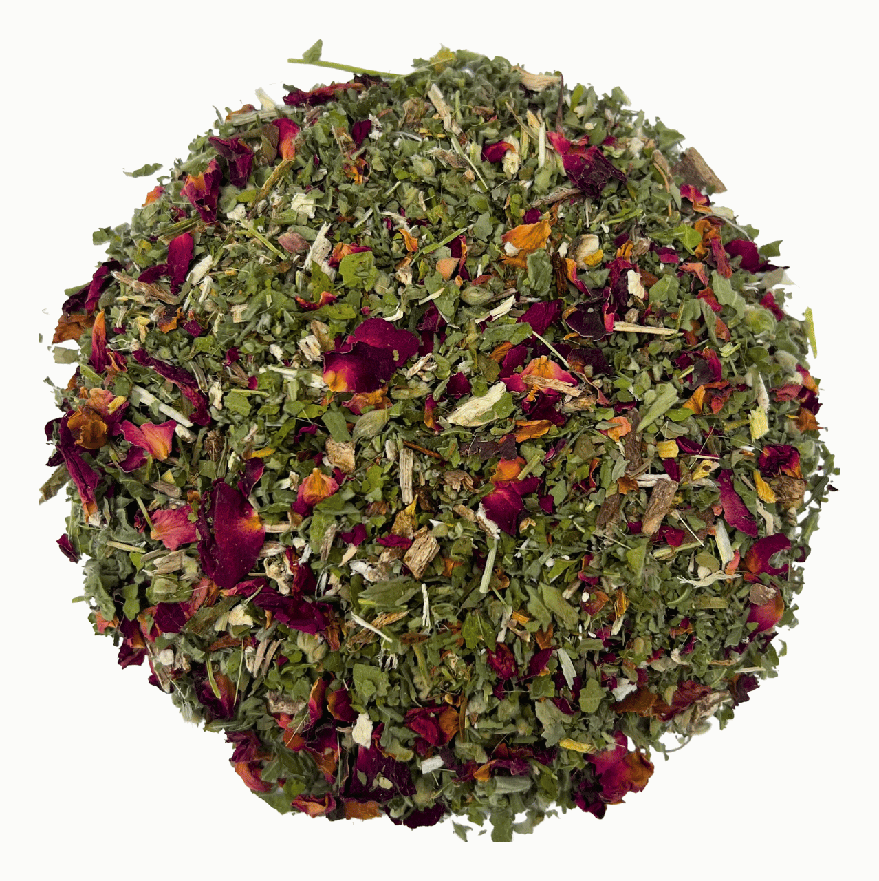 Ball of dried herbs and flowers on a white background