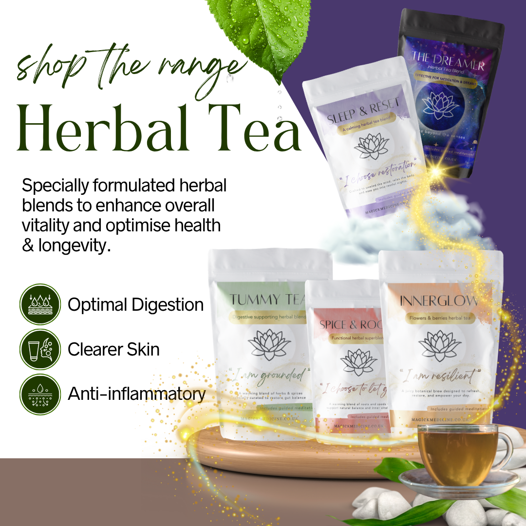 Herbal tea packages with health benefits on a decorative background