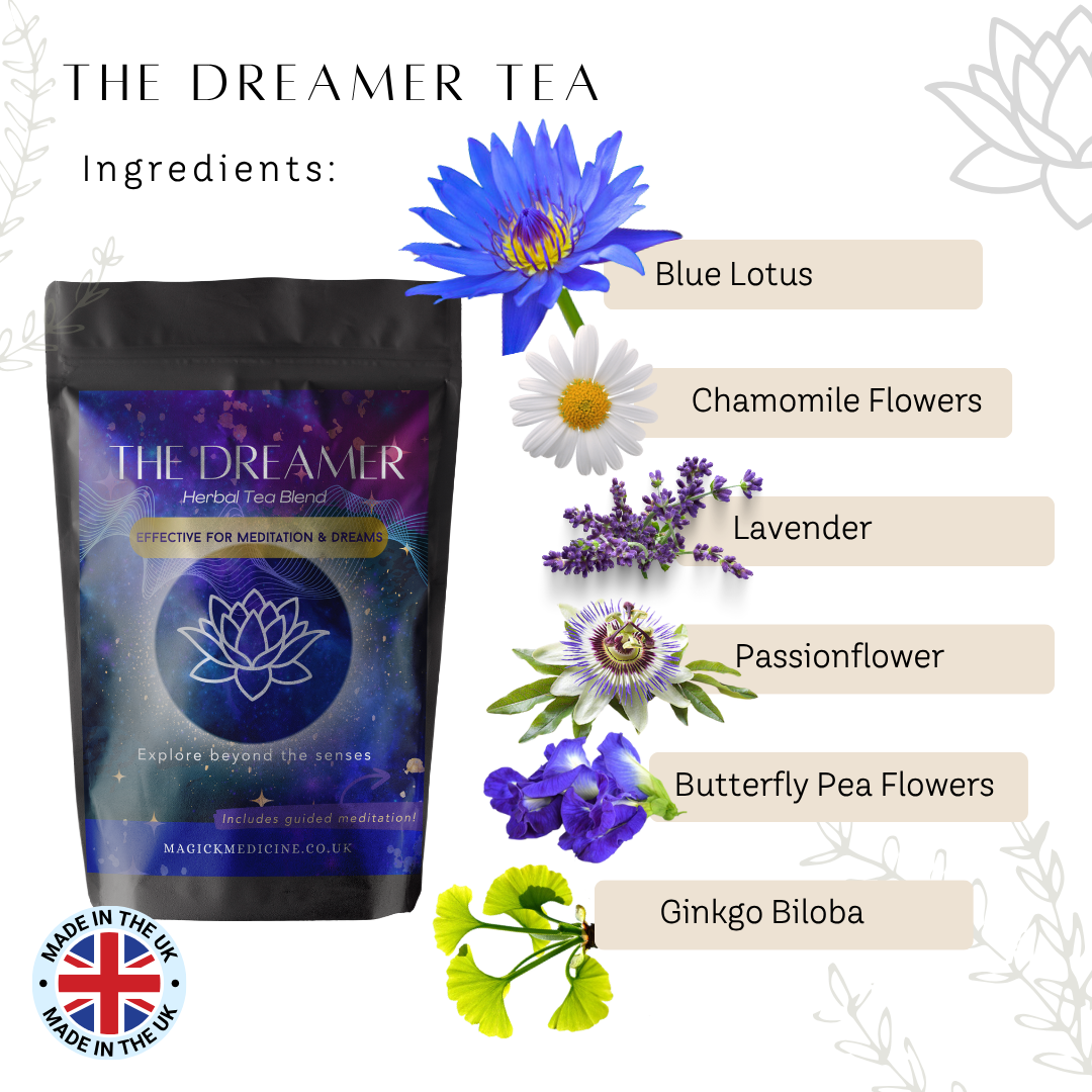 Tea packaging labeled 'The Dreamer' with ingredients listed and floral illustrations.