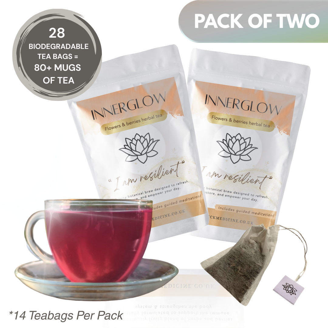 Two packages of InnerGlow tea with a cup of tea and a teabag on a white background.