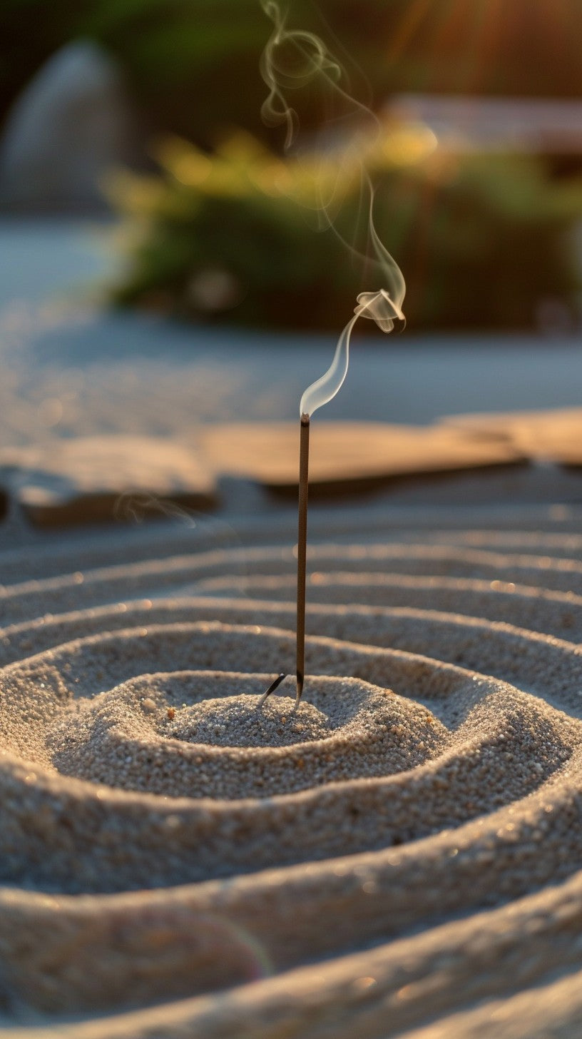 Incense stick with smoke on sand with concentric circles