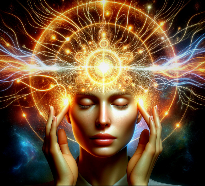 Artistic depiction of a person with glowing energy around their head