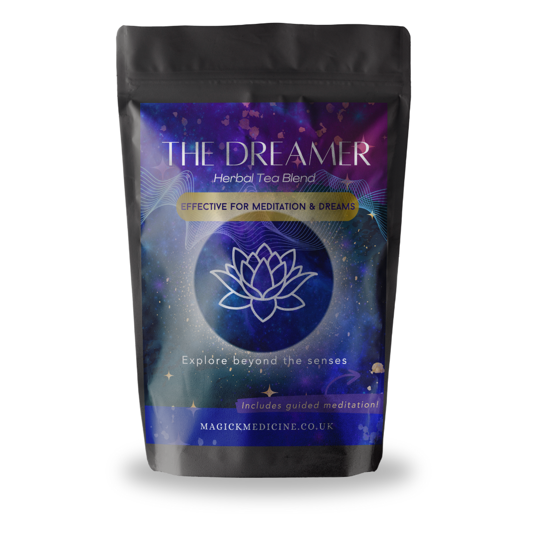 Tea blend package labeled 'The Dreamer' with a purple and black design on a white background.