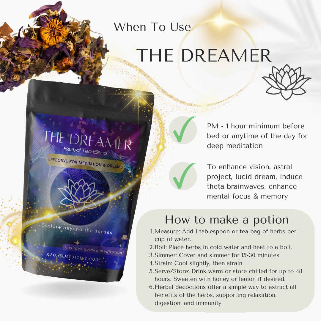 THE DREAMER Blue Potion Herbal Tea Infographic suggesting ideal times to drink The Dreamer Tea—before bed, during meditation, or before sound healing sessions—for optimal dream recall and inner exploration.