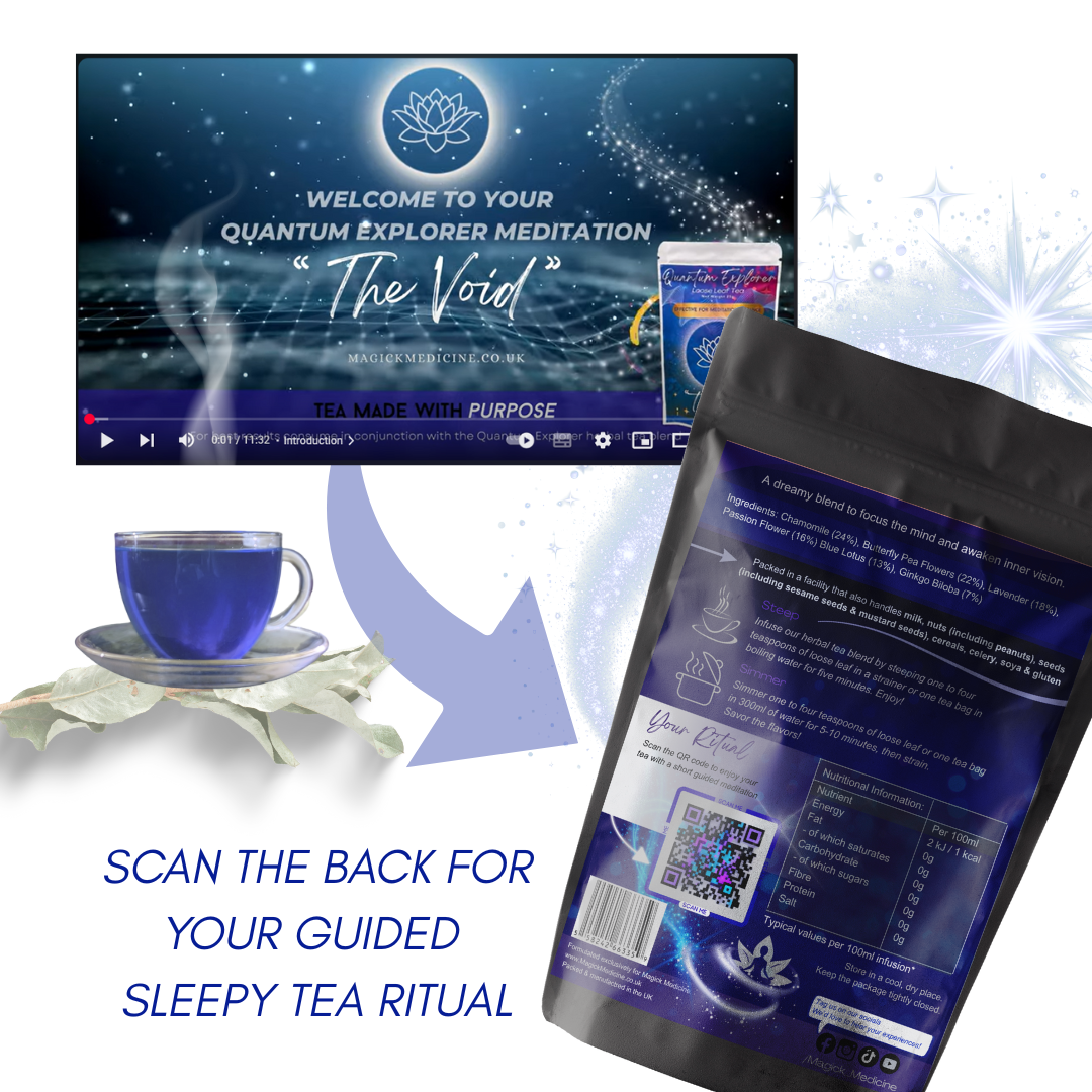 Tea packaging with a QR code and promotional text for a guided meditation tea ritual.