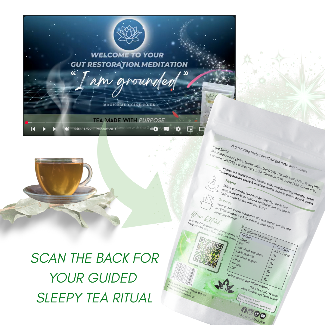 Tea packaging with a cup of tea and a meditation video on a white background