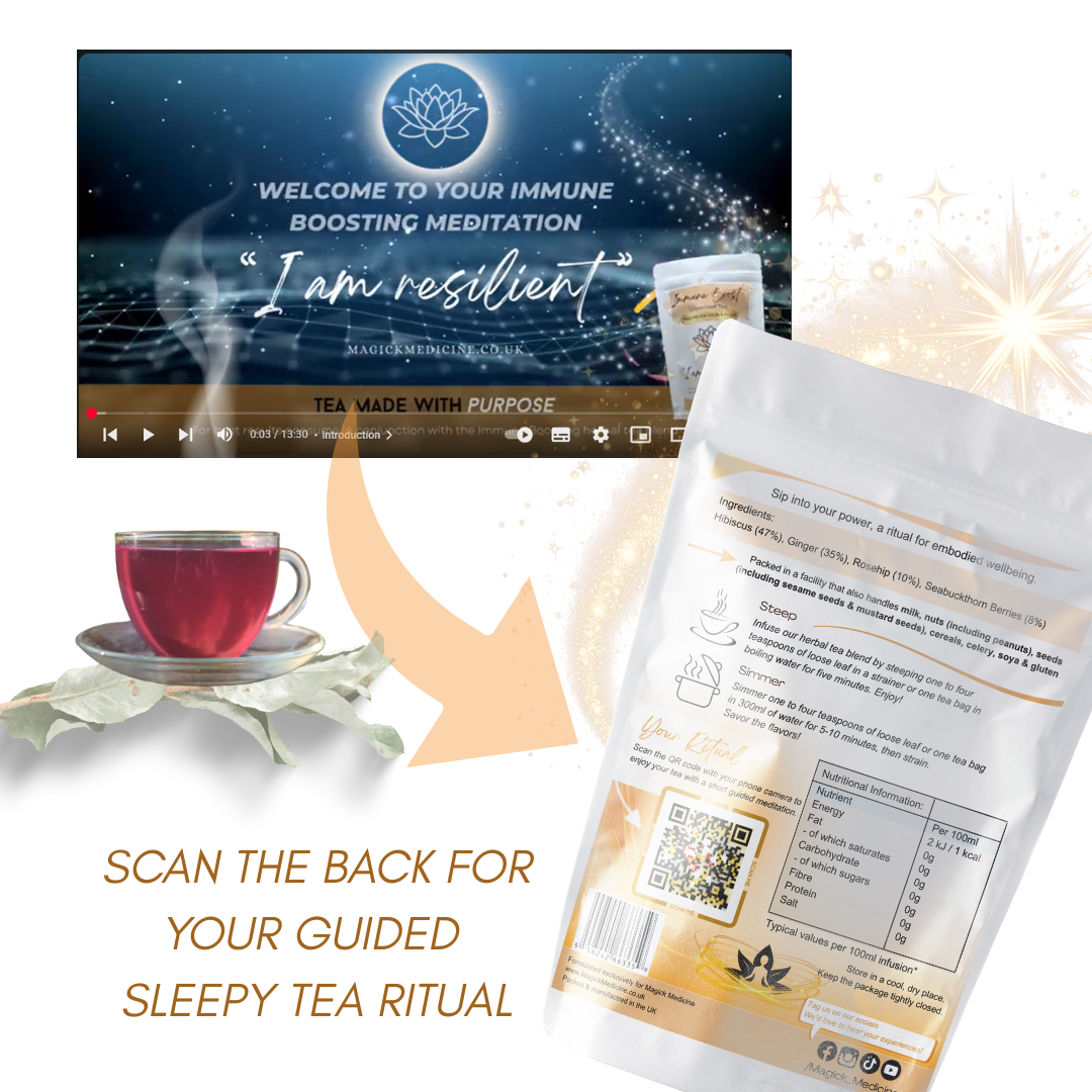 Tea packaging with a digital meditation interface and tea cup on a white background