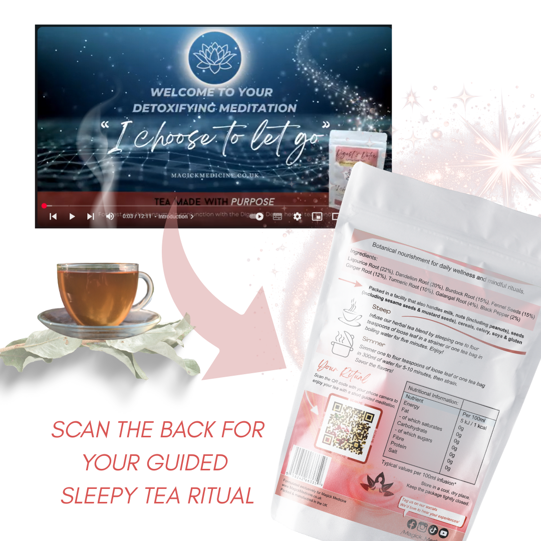 Tea packaging with a digital meditation app interface and a cup of tea on a white background.