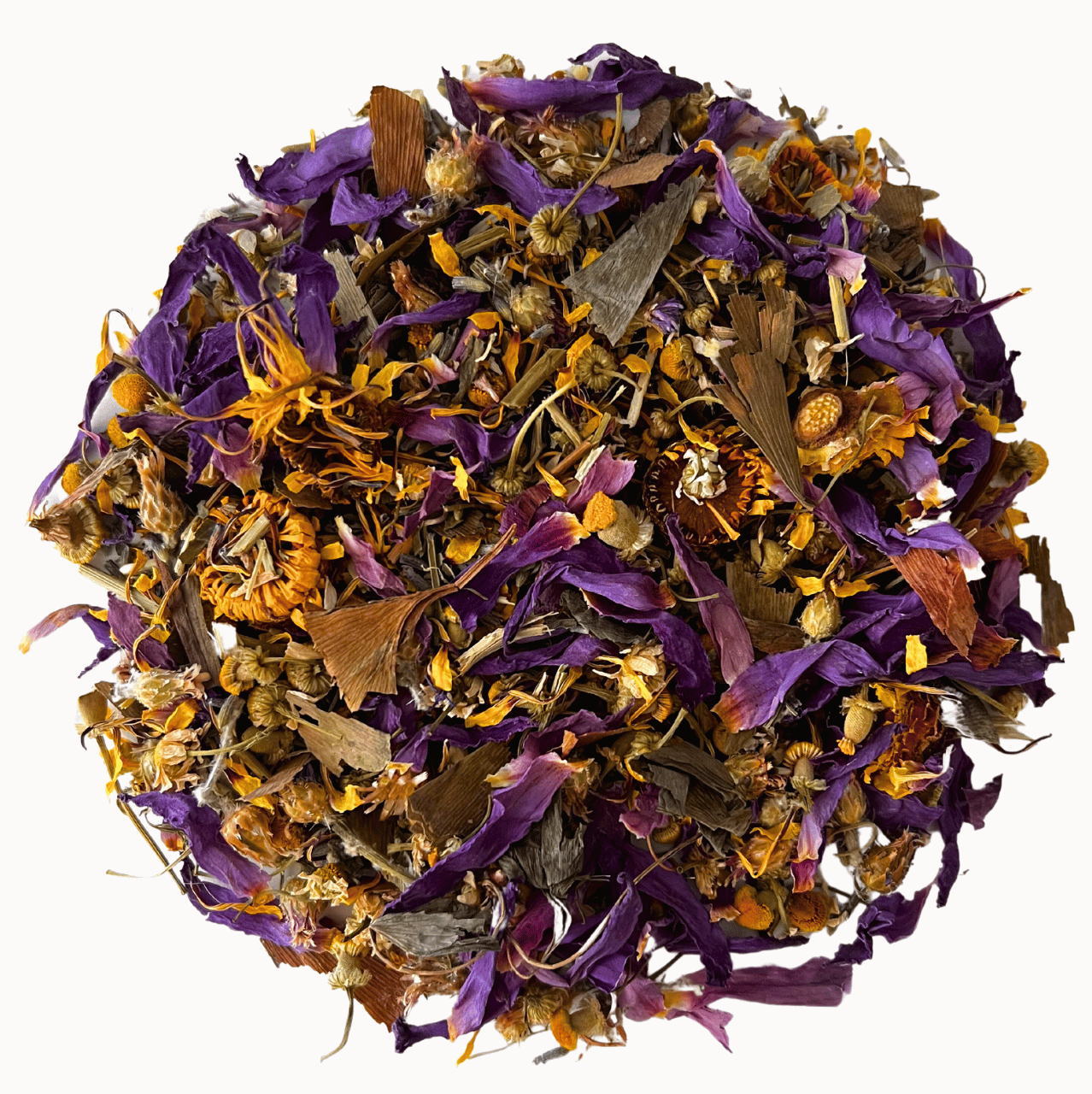 Mixture of dried purple and orange flowers on a white background