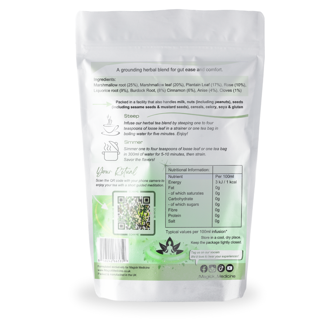 Back view of a herbal supplement package with text and QR code on a white background