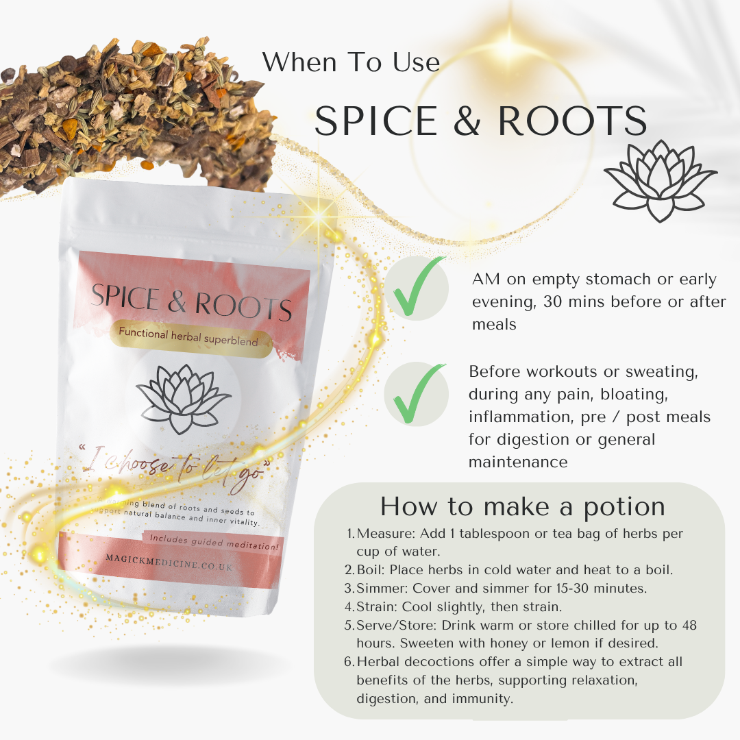 Spice & Roots functional herbal superblend packaging with usage instructions and benefits on a white background.
