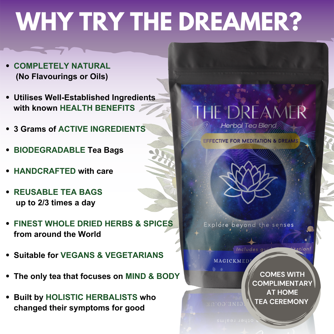 Tea package labeled 'The Dreamer' with promotional text about its benefits on a purple background.