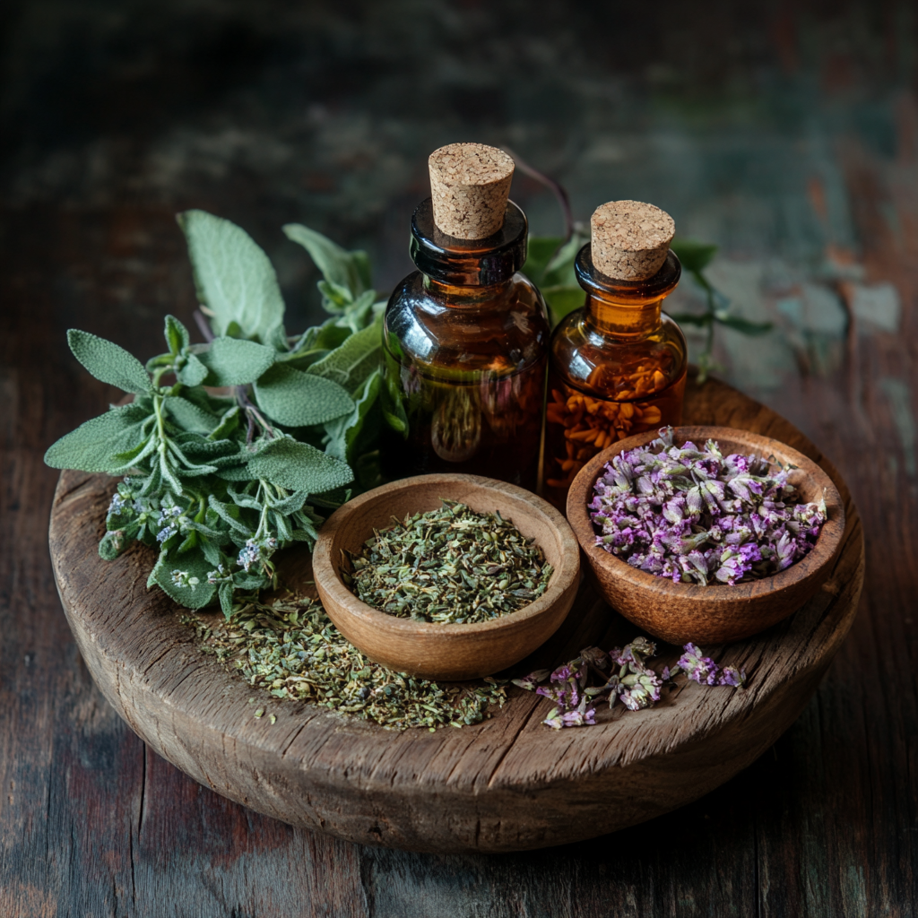 magic potion bottles with herbs