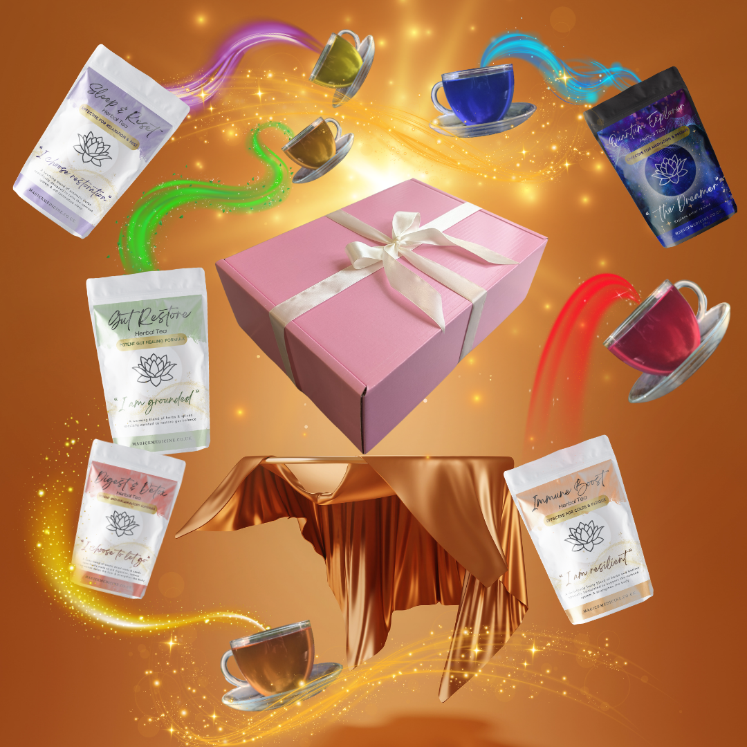 Magic Teas Gift Box catalogue photo, potions, 5 different colours, natural no flavourings or colours.