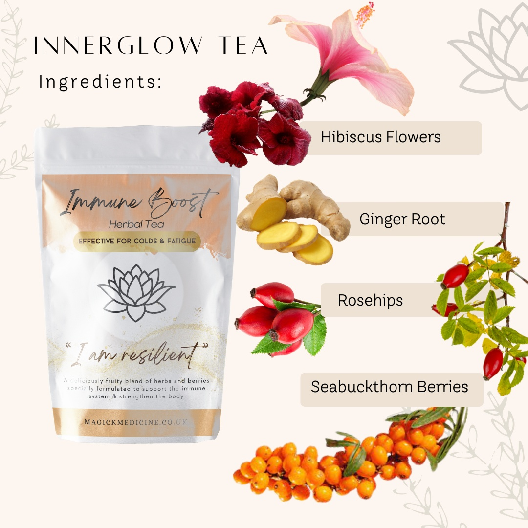 INNERGLO TEA Herbal Blend Infographic showing all-natural ingredients in INNERGLOW TEA: Hibiscus, Ginger Root, Rosehips, and Seabuckthorn Berries with the packet and individual images of each herb in the blend.