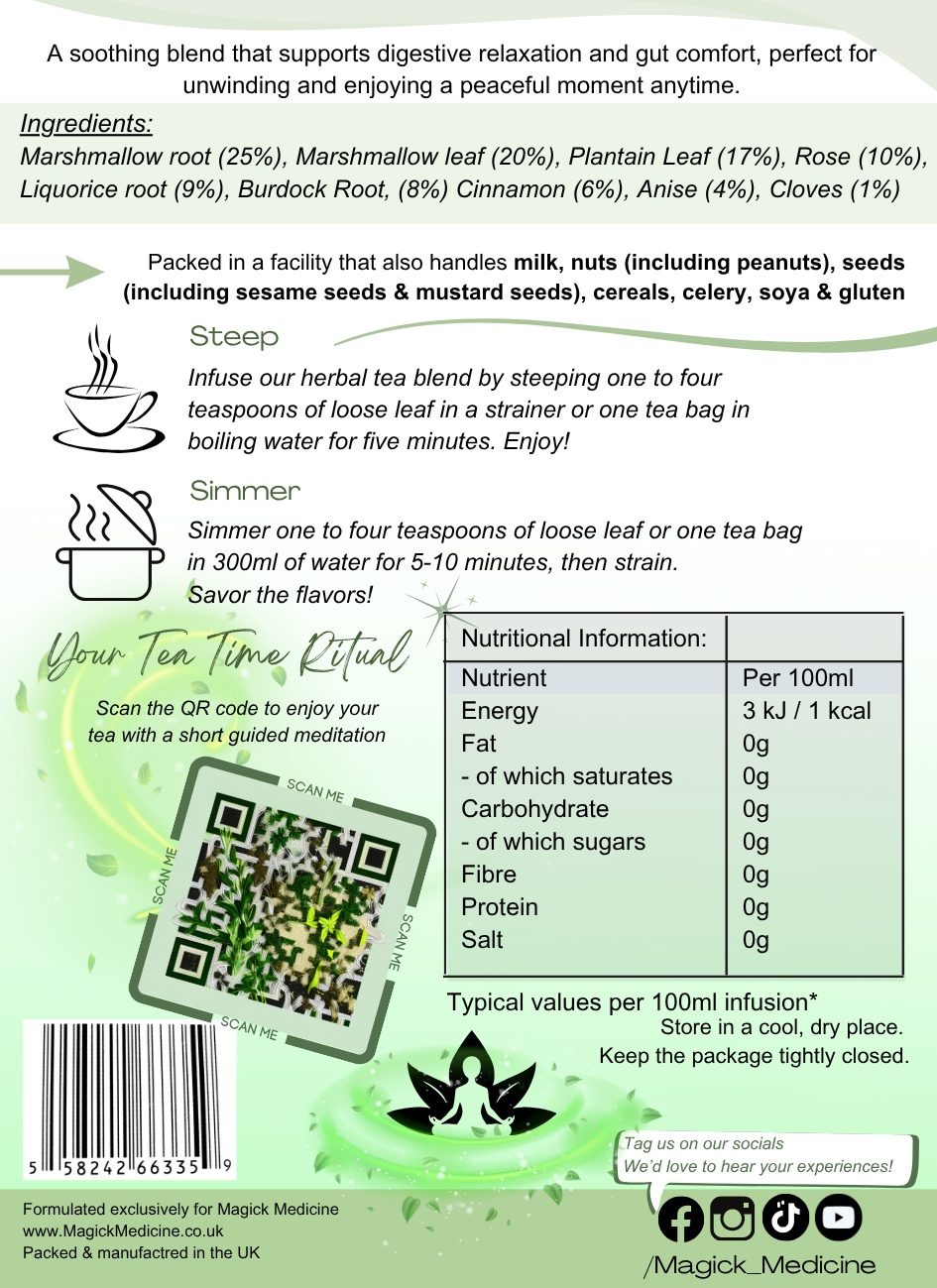 TUMMY TEA Soother Herbal Blend The back of the packet label, full of ingredients & allergen advice