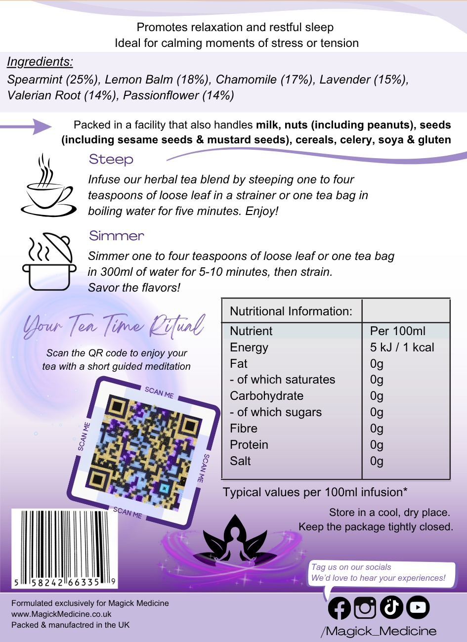 Sleep and Reset Calming Herbal Tea Blend The back of the packet label, full of ingredients & allergen advice