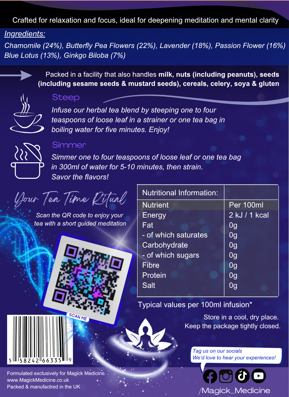 THE DREAMER Blue Potion Herbal Tea The back of the packet label, full of ingredients & allergen advice