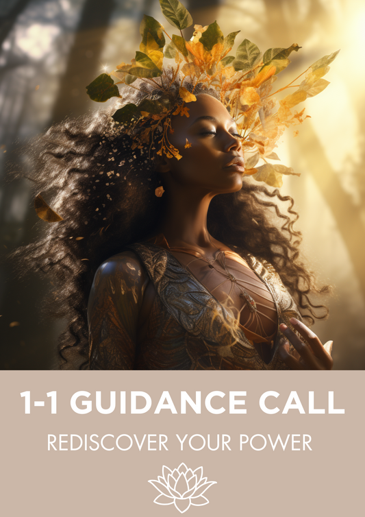 Woman with natural hair and floral headpiece against a warm light background, with text overlay for guidance call.