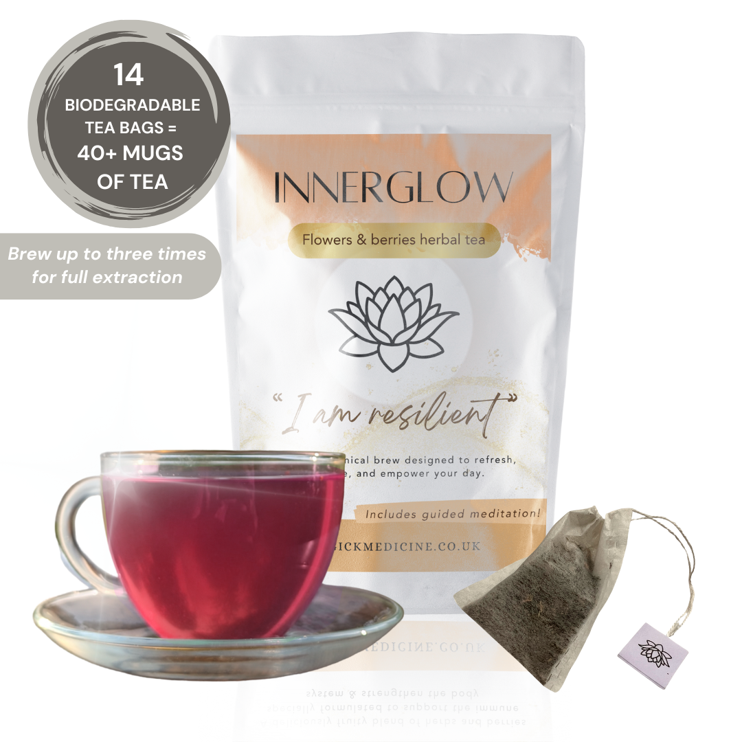 Innerglow herbal tea package with a cup of tea and a tea bag on a white background