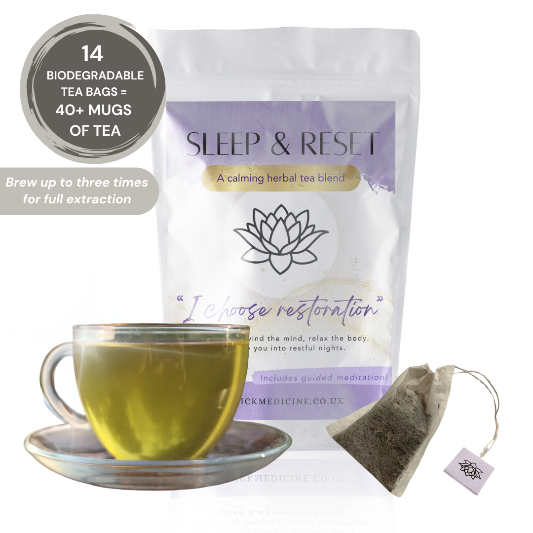 Sleep & Reset tea package with a cup of tea and a tea bag on a white background