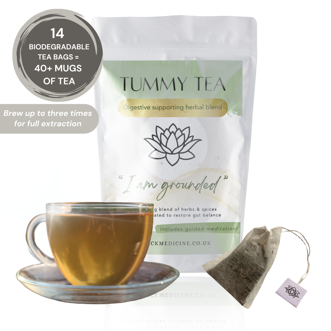 Tummy Tea package with a cup of tea and a tea bag on a white background