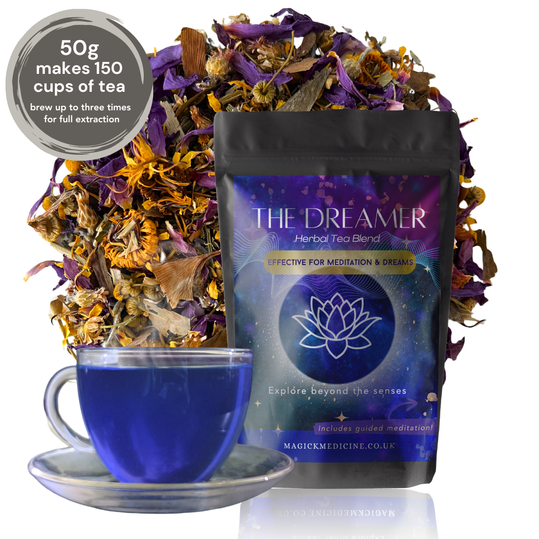 Tea packaging labeled 'The Dreamer' with dried herbs, a cup of tea, and a white background.