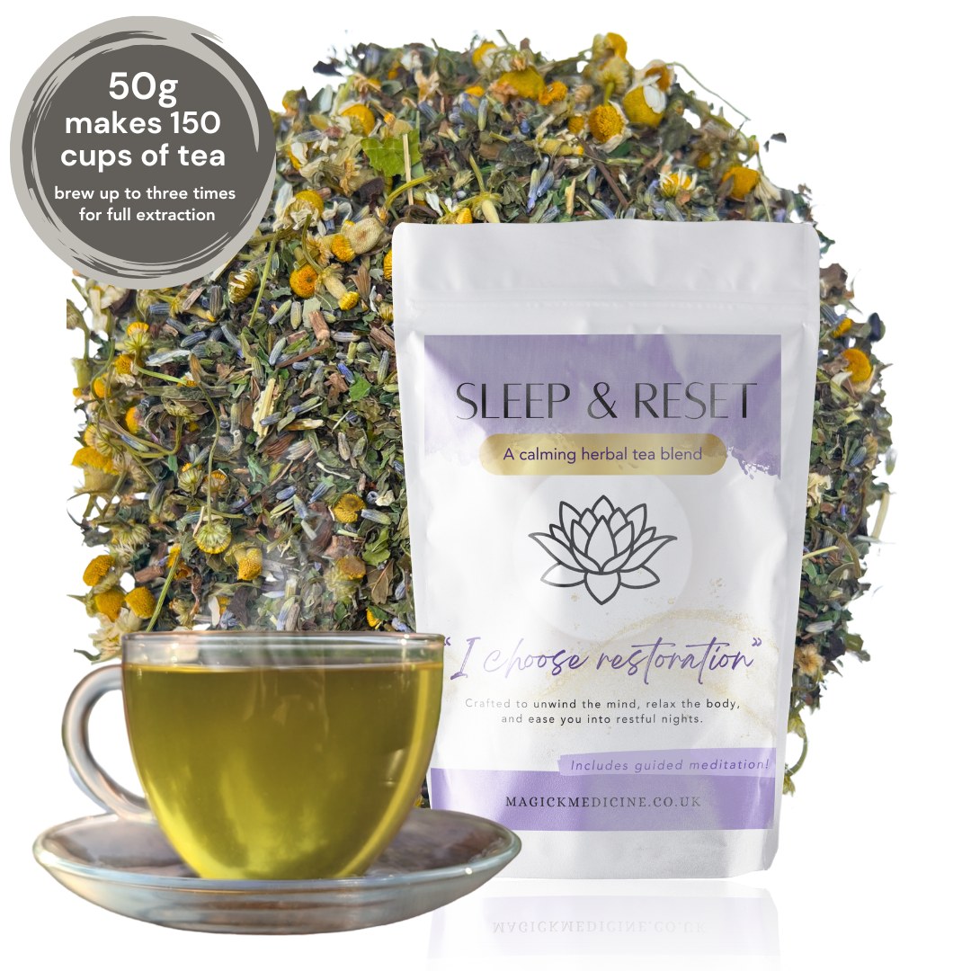 Sleep & Reset herbal tea blend with packaging, cup of tea, and text on a white background