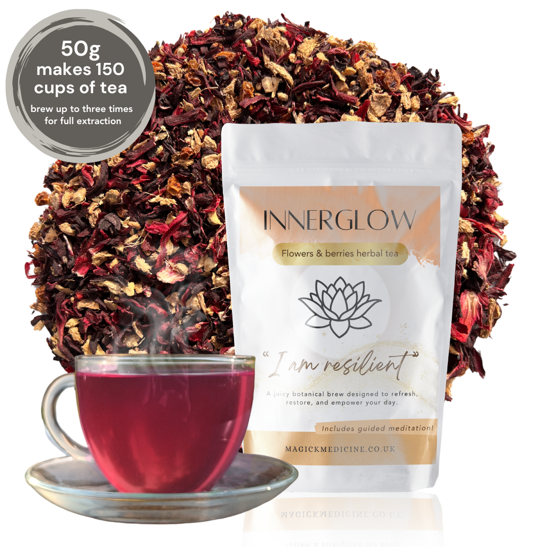 Herbal tea packaging with a cup of tea and tea leaves, featuring the brand 'Innerglow'.