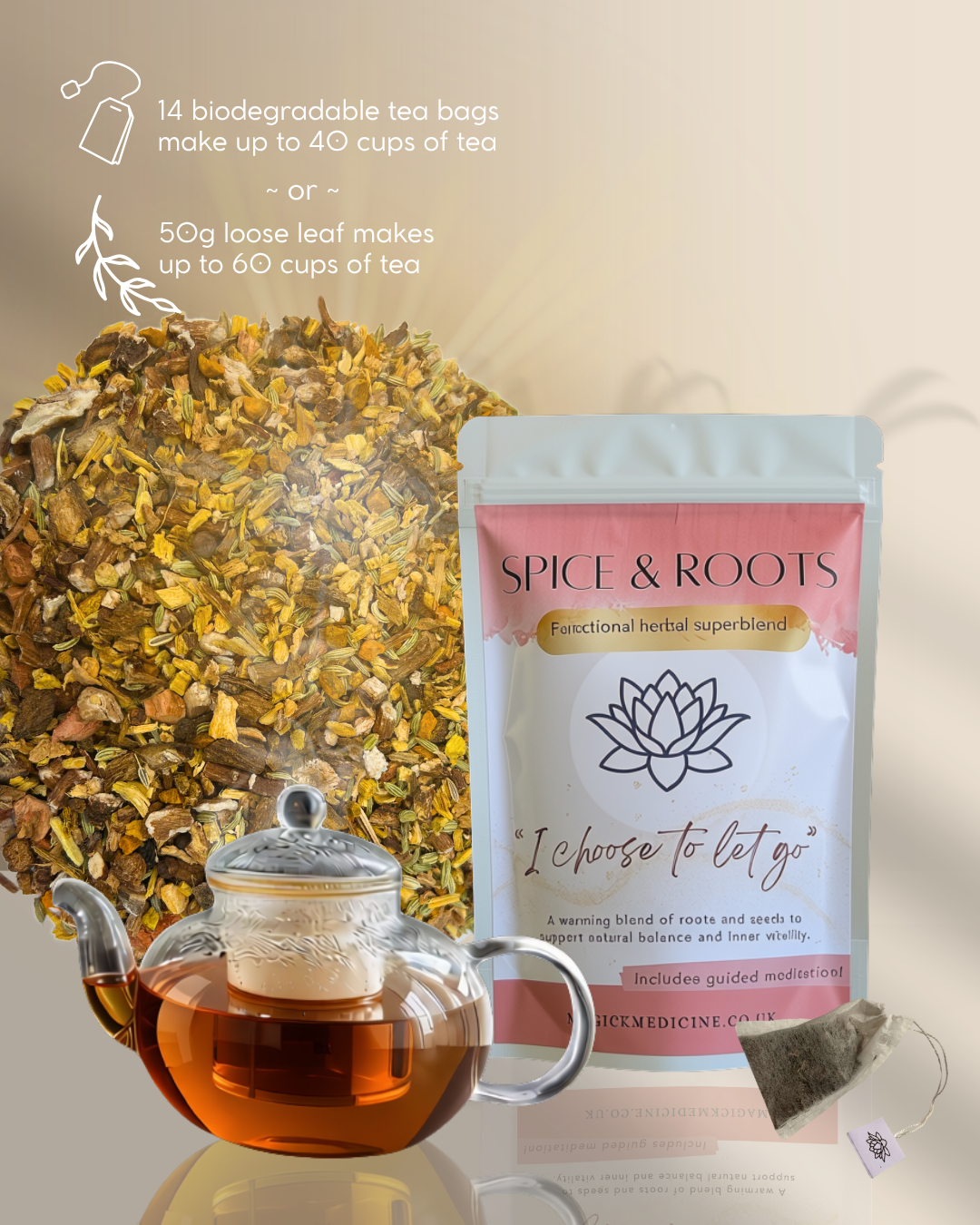 Spice & Roots pack shown with the loose herbs and a biodegradable teabag