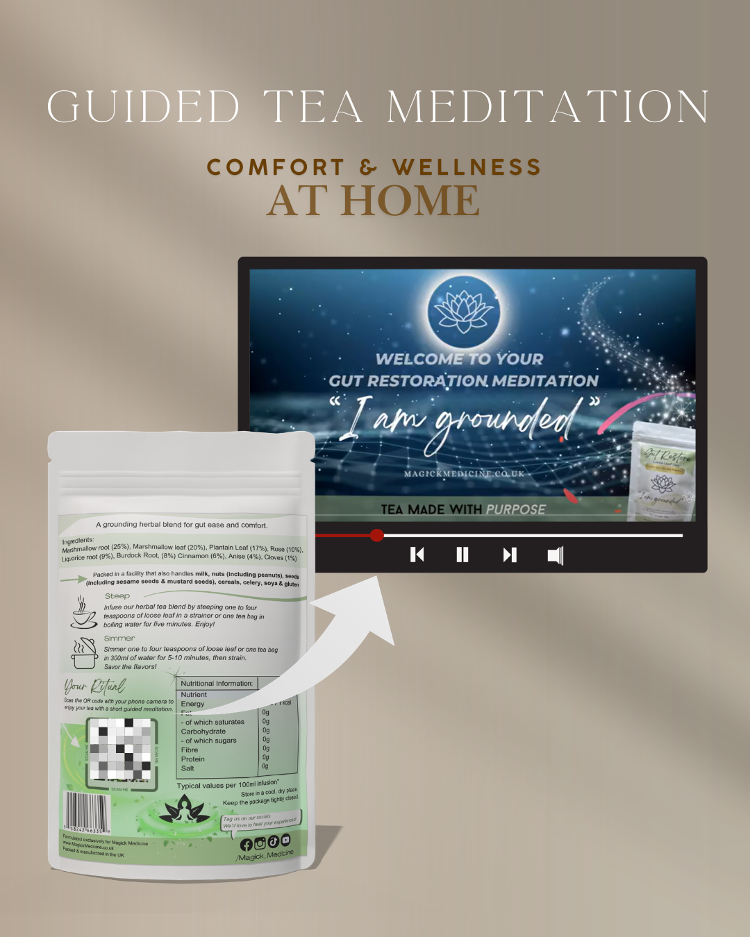 The QR code on the Tummy Tea pack, which links to the blend's guided tea ritual