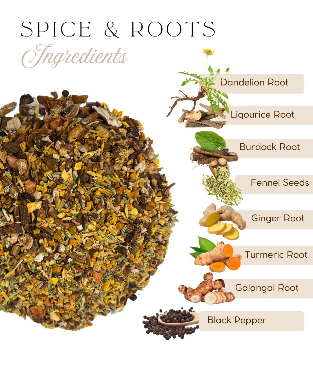 Ingredients for Spice & Roots: liquorice root, dandelion root, burdock root, fennel seeds, ginger root, turmeric root, galangal root and black pepper