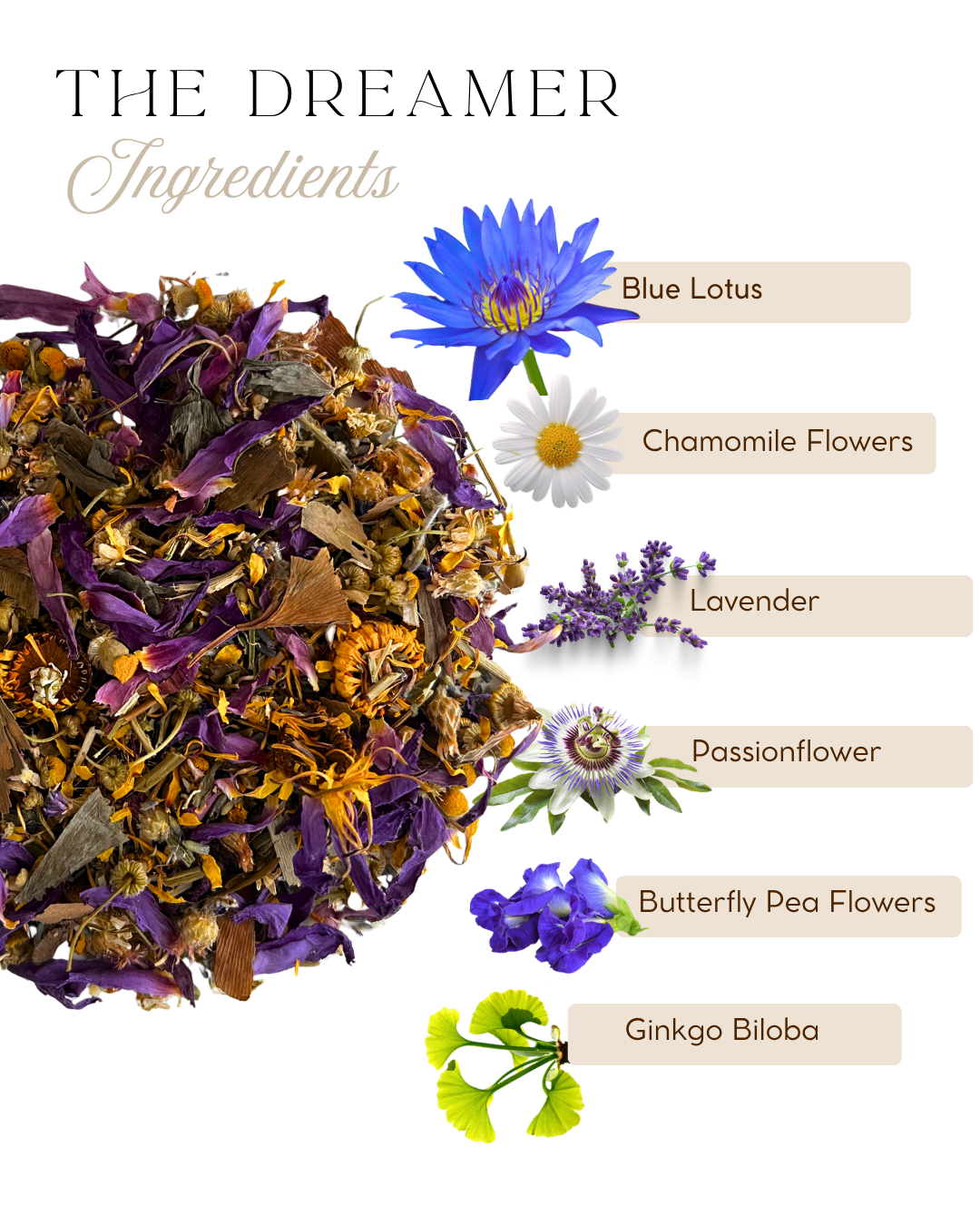Ingredients for The Dreamer: blue lotus, chamomile, lavender, passionflower, butterfly pea flower and ginkgo biloba