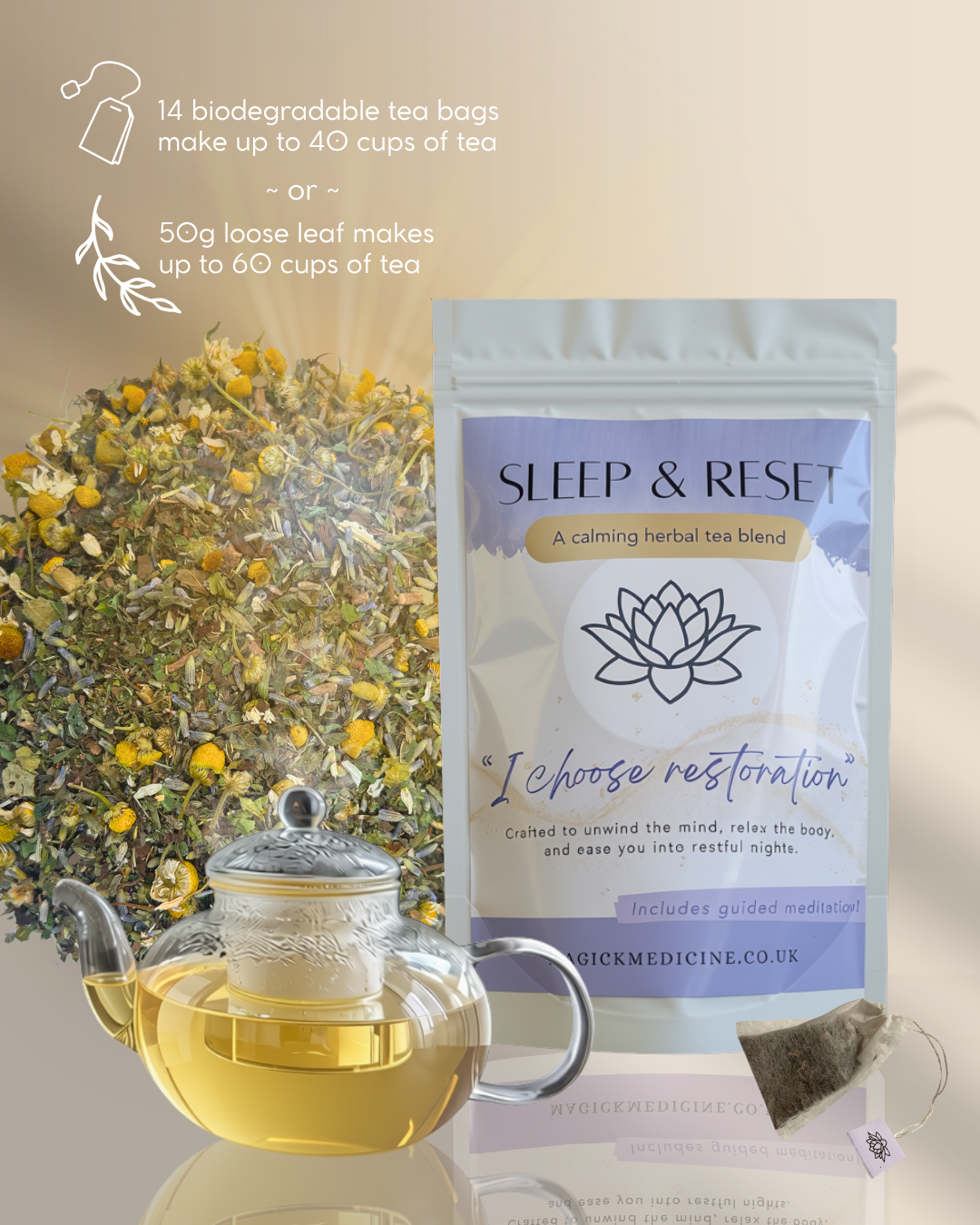 Sleep & Reset pack shown with the loose herbs and a biodegradable teabag