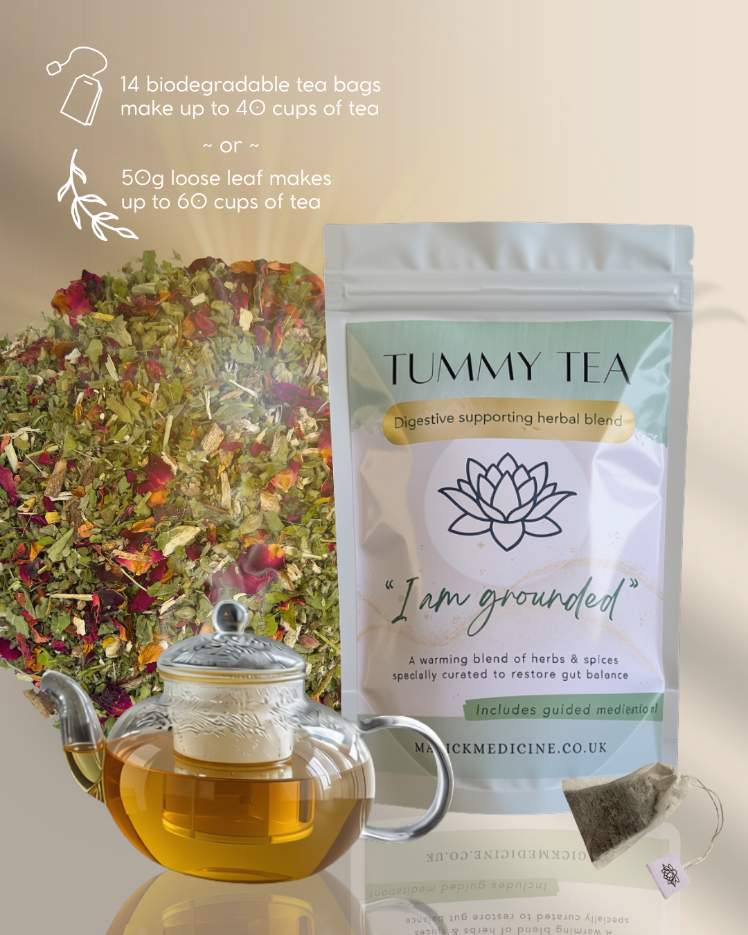 Tummy Tea pack shown with the loose herbs and a biodegradable teabag