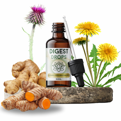 Digest Drops herbal tincture in a 50ml amber glass dropper bottle, with dandelion, milk thistle, turmeric and ginger