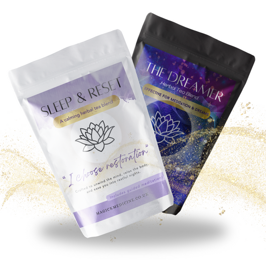 Two tea bags from 'Sleep & Reset' and 'The Dreamer' on a white background
