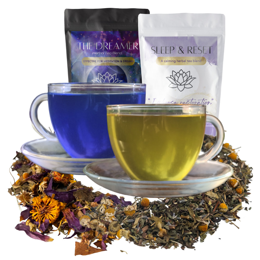 Two cups of tea with dried herbs, 'The Dreamer' and 'Sleep & Reset' packages on a white background.