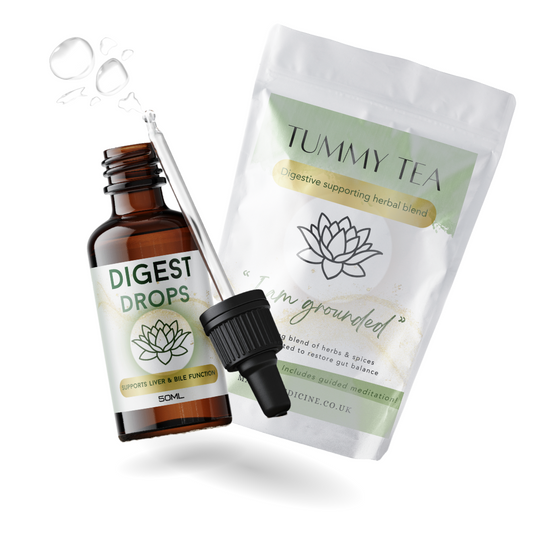Digest Drops and Tummy Tea packaging on a white background