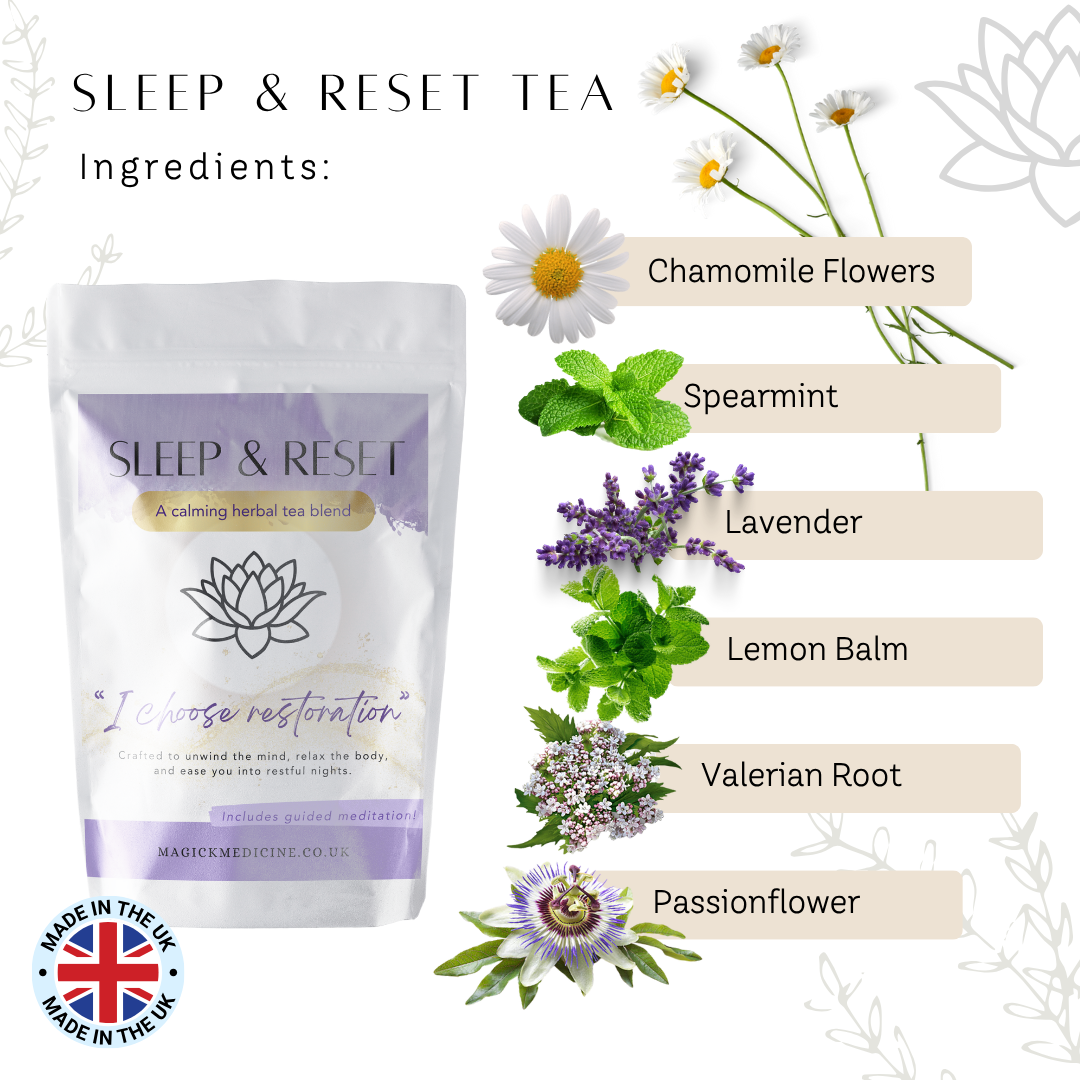 Sleep & Reset tea packaging with ingredients listed and floral illustrations.